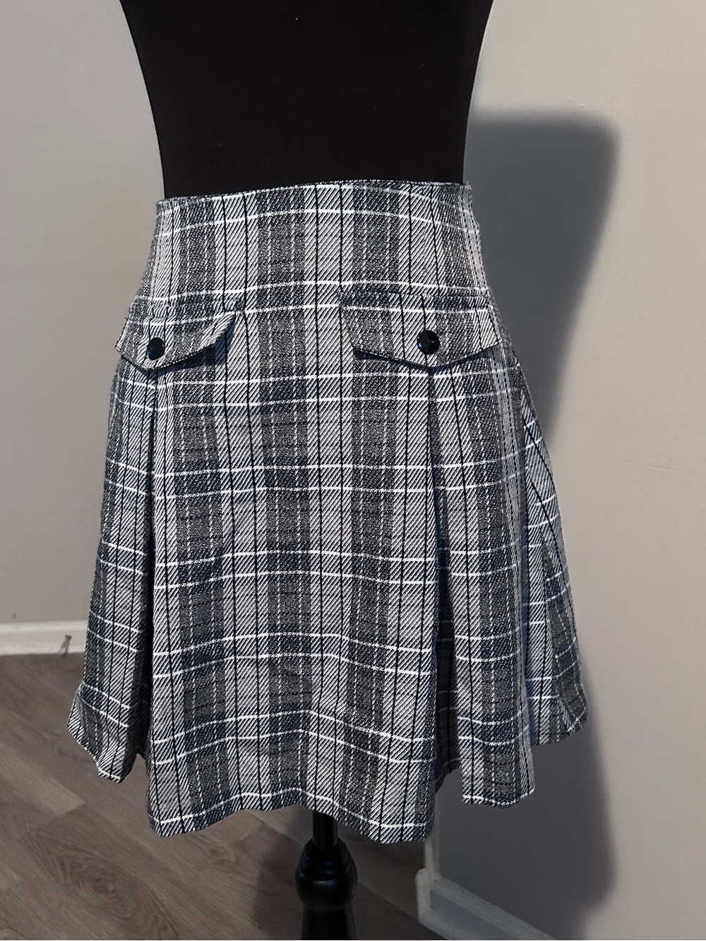 Vintage 90s Kathy Ireland Gray Plaid High Waist Mini Skirt Preppy Academia Y2K